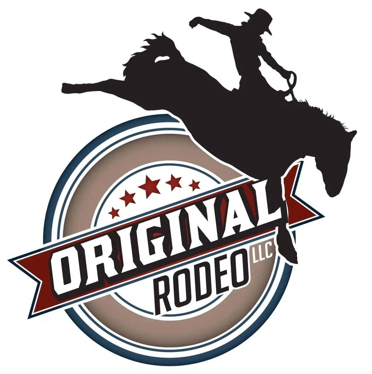Logo featuring a silhouette of a person riding a bucking horse above a circular emblem with the text