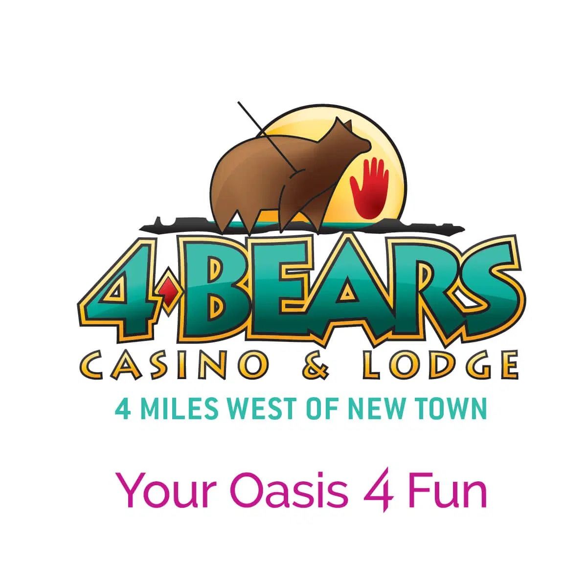 Logo for 4 Bears Casino & Lodge, featuring a bear silhouette against a yellow sun and a red handprint.