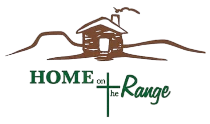 Logo for Home on the Range with a brown cabin icon above the text in green, featuring a cross through the letter t.