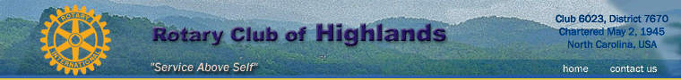 Logo for the Rotary Club of Highlands in North Carolina. Features their name, wheel logo, and 