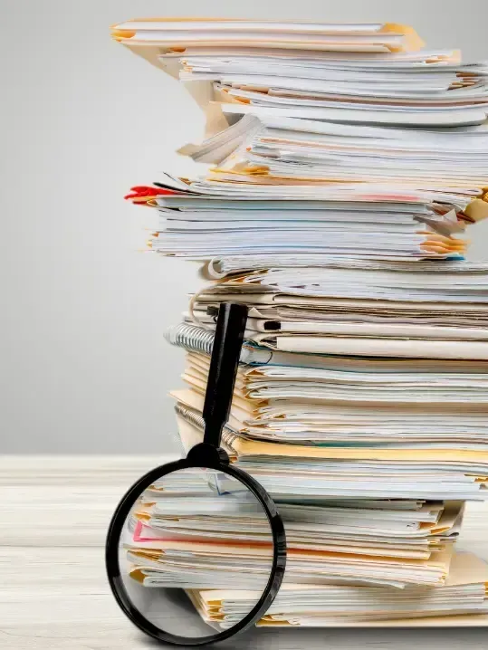 A magnifying glass is sitting on top of a pile of papers.