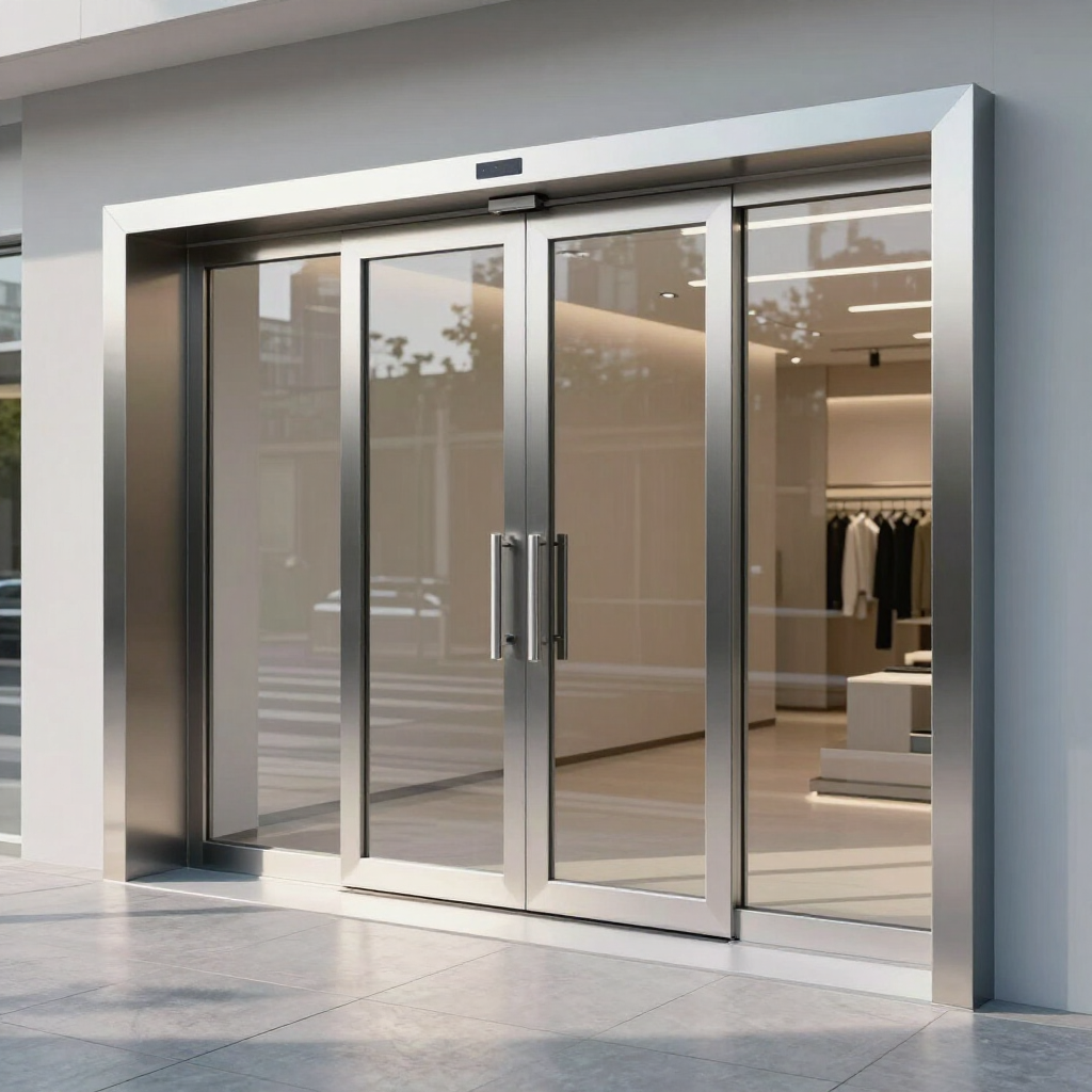 Modern glass storefront entrance with sliding doors and a white frame in a bright shopping mall