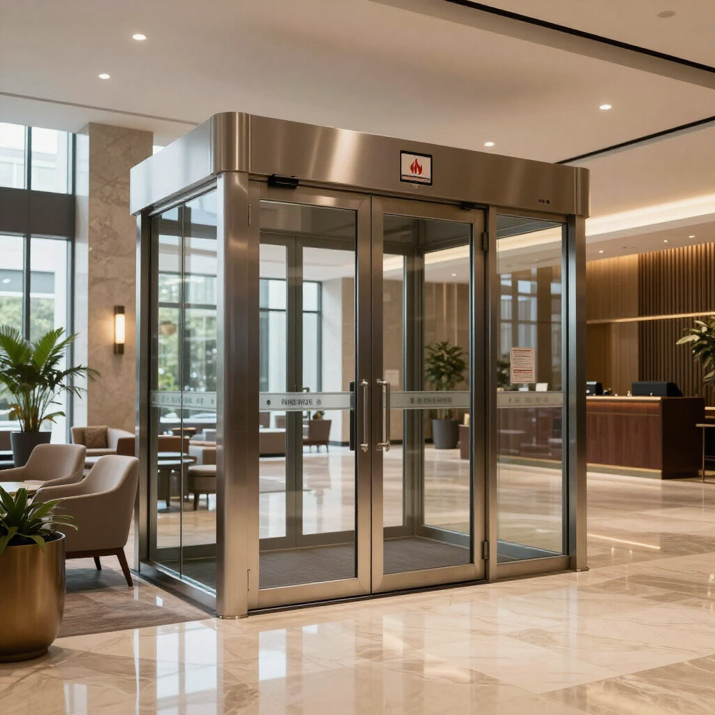 Glass revolving door in a modern hotel lobby with polished marble floors and seating area