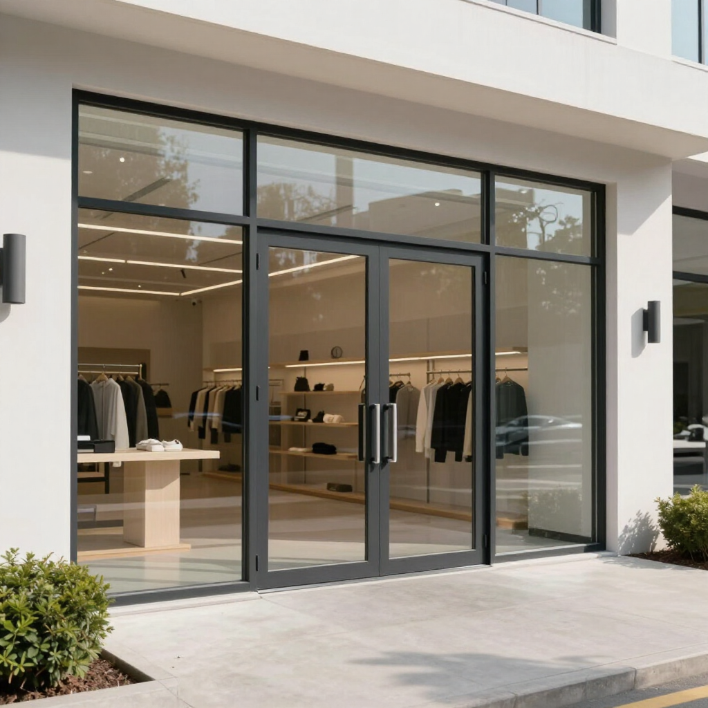 Modern storefront with large glass doors and display of clothing inside