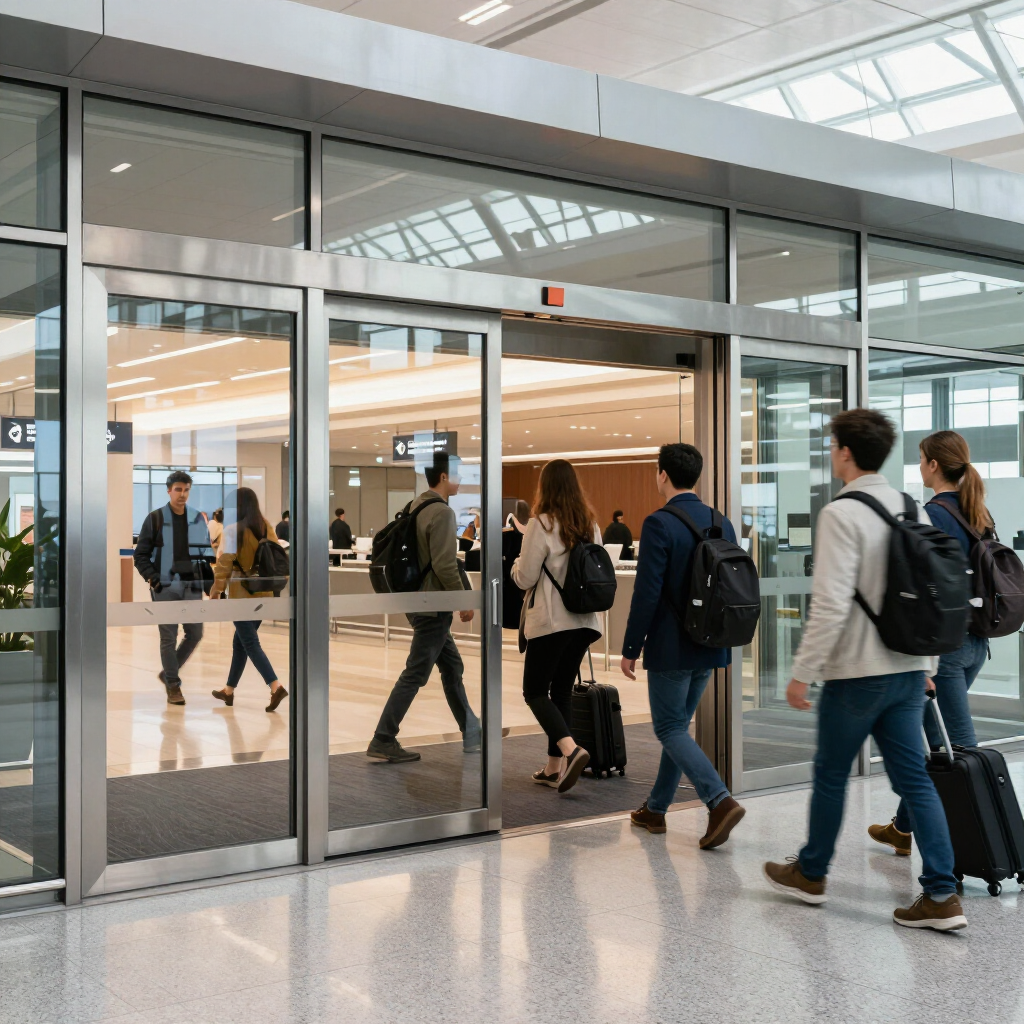 People walking through a glass entrance in a bright modern lobby