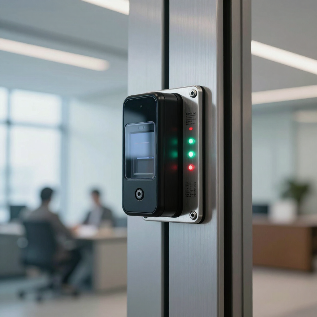 Security access scanner mounted on a glass office door, with red and green indicator lights.