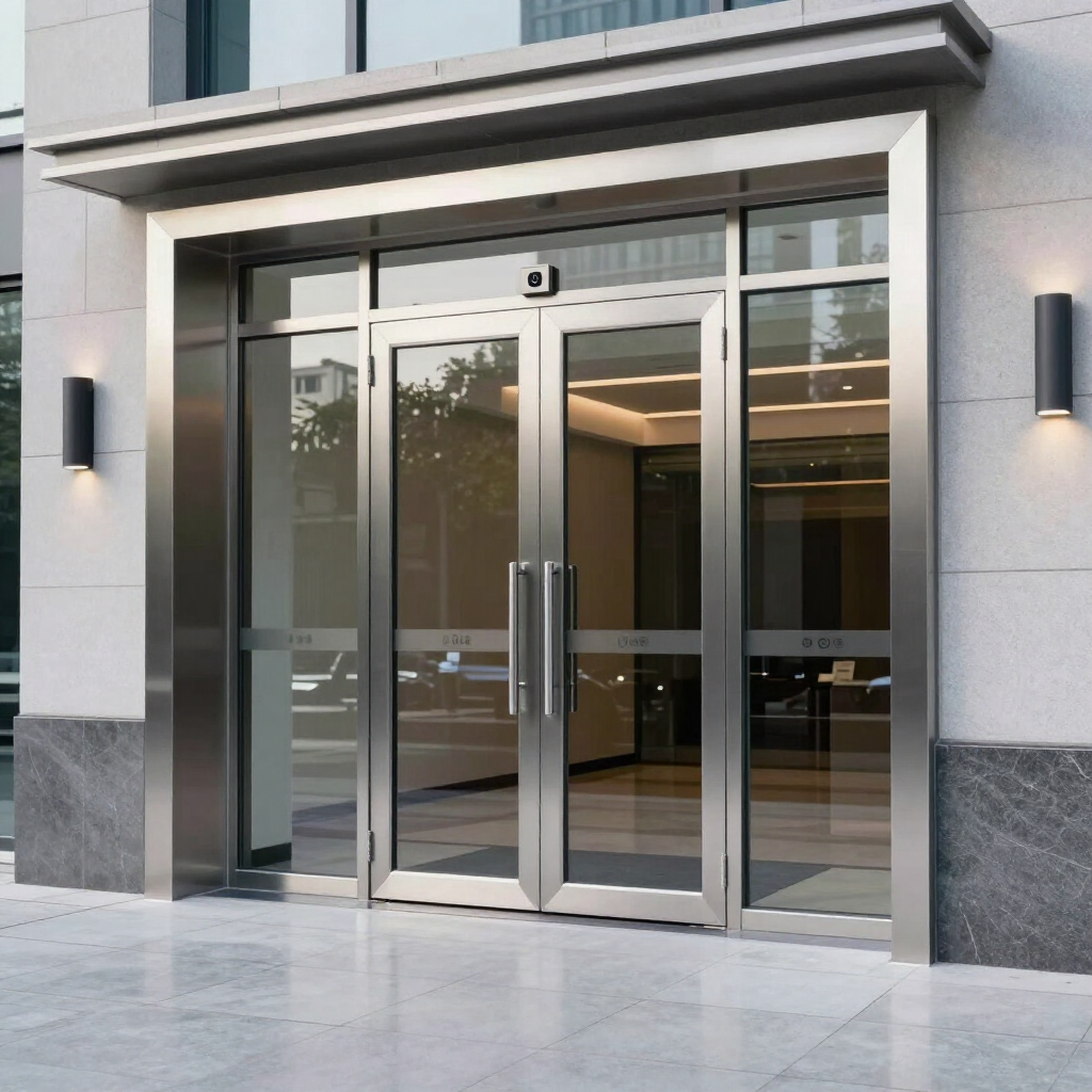 Glass office building entrance with double doors, gray stone facade, and wall lights