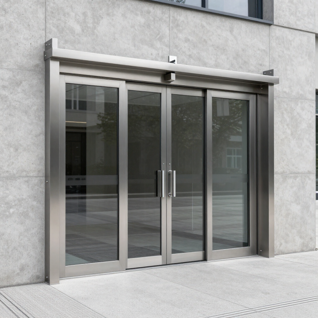 Glass double entrance doors with metal framing on a modern building facade