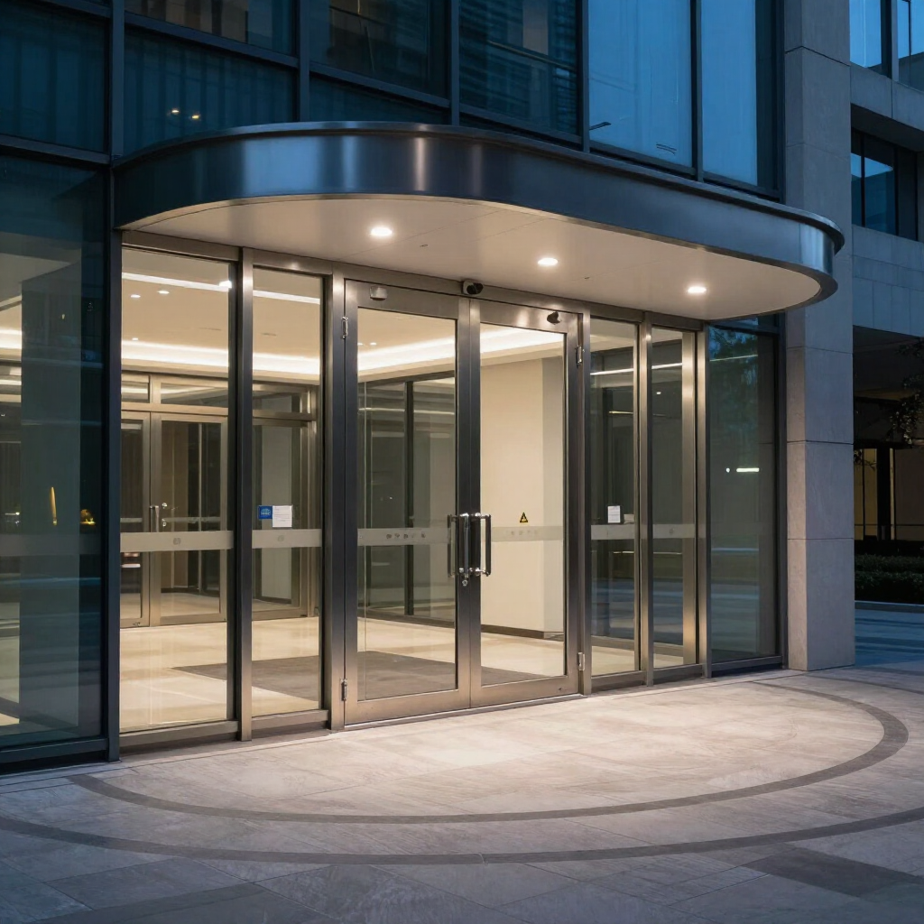 Glass-front building entrance with revolving doors and a curved canopy at dusk