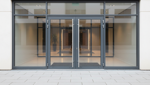 Modern glass storefront with double entrance doors and large windows, front view