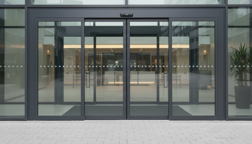 Glass-fronted building entrance with automatic sliding doors and a tiled walkway