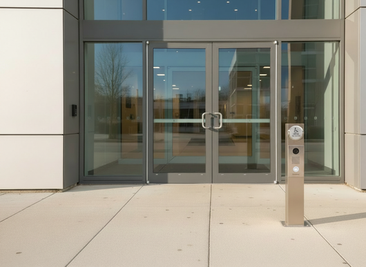 Glass building entrance with double doors and a metal access pedestal outside