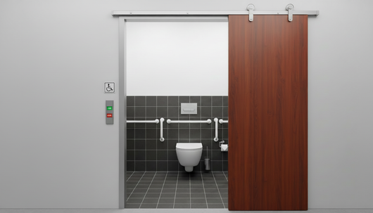 Public restroom with a partially open wooden sliding door and a toilet visible inside.