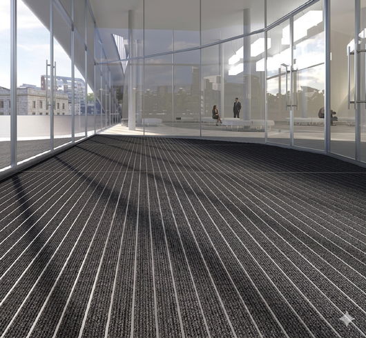 Modern glass-enclosed walkway with a dark grated floor and city buildings visible outside
