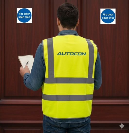 Worker in yellow AUTOCON vest stands facing a wooden door with two blue signs.