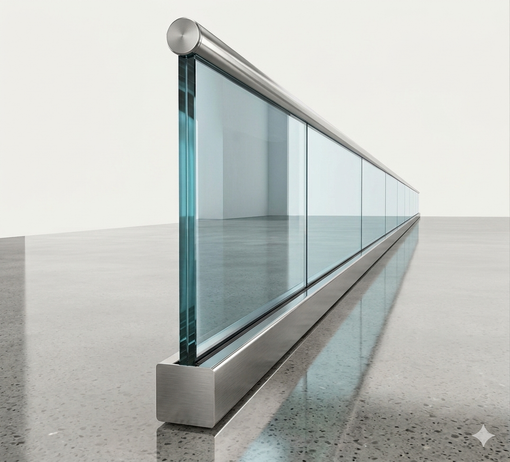 Modern glass railing with blue-tinted panels on a polished concrete floor