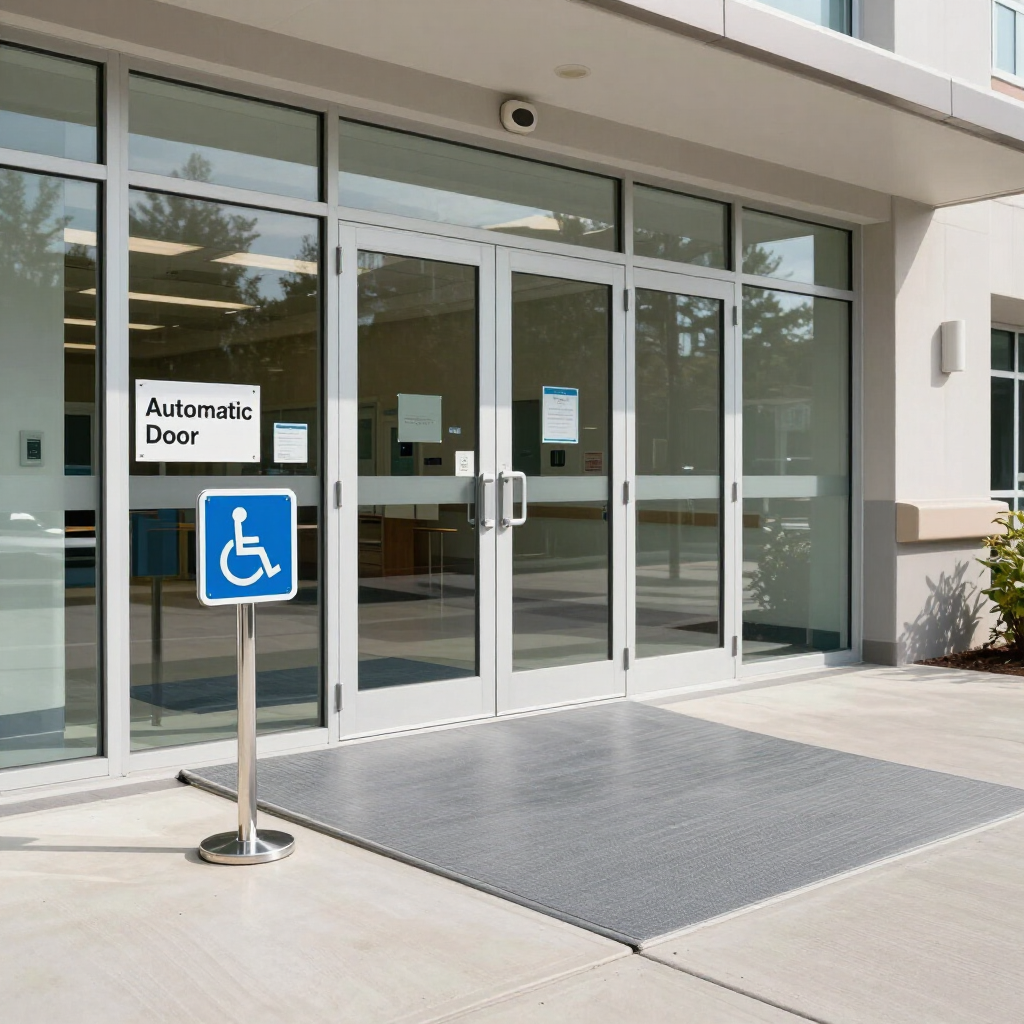 Accessible automatic glass doors with a wheelchair sign at a building entrance