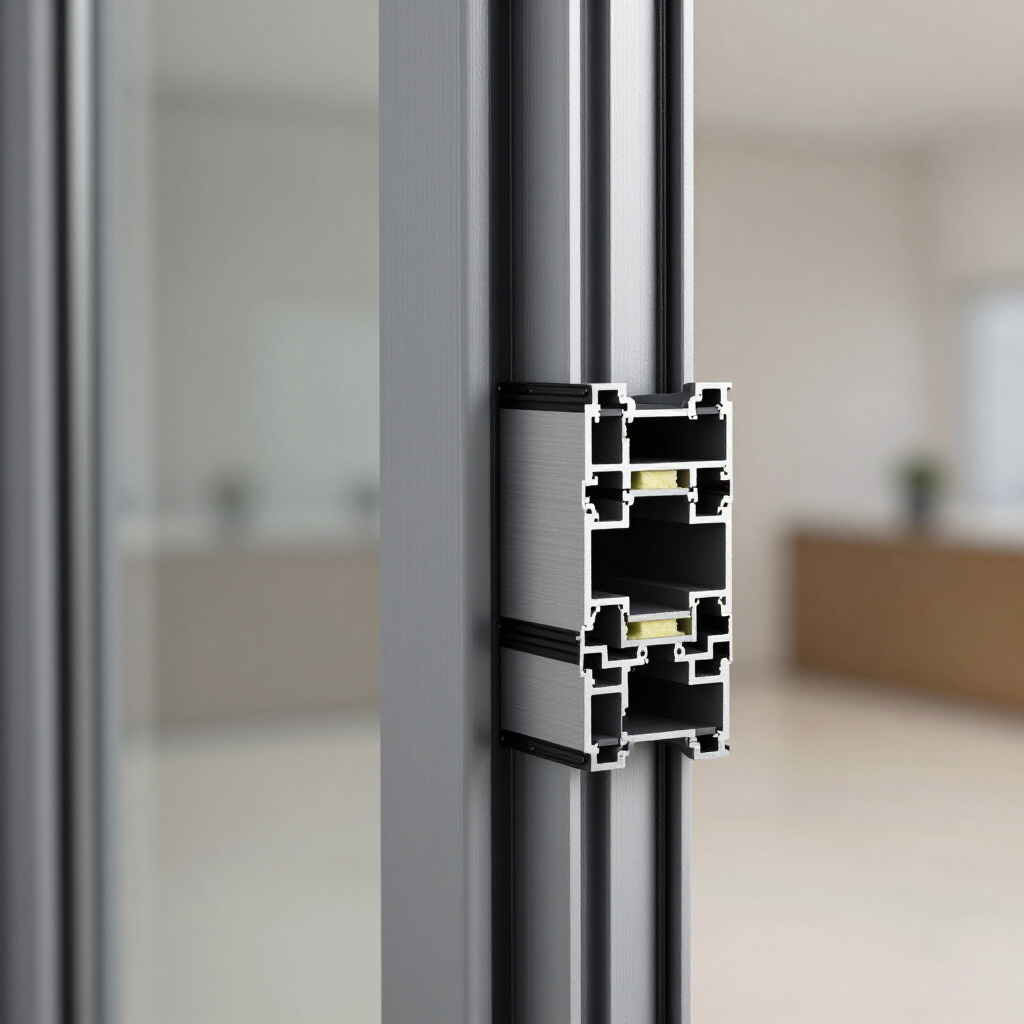 Close-up of a gray metal door frame with a black window or door seal profile cross-section