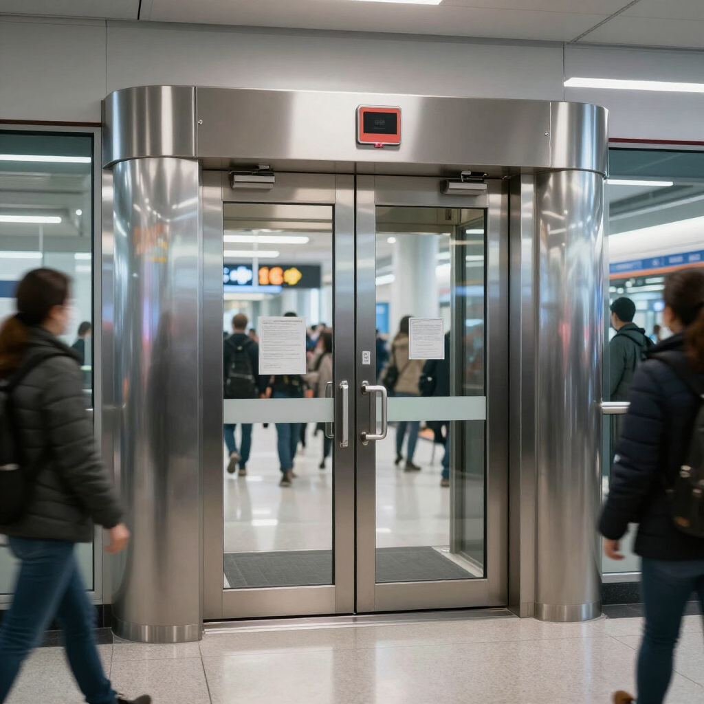 Sliding glass doors at a busy indoor transit entrance, with people walking through.