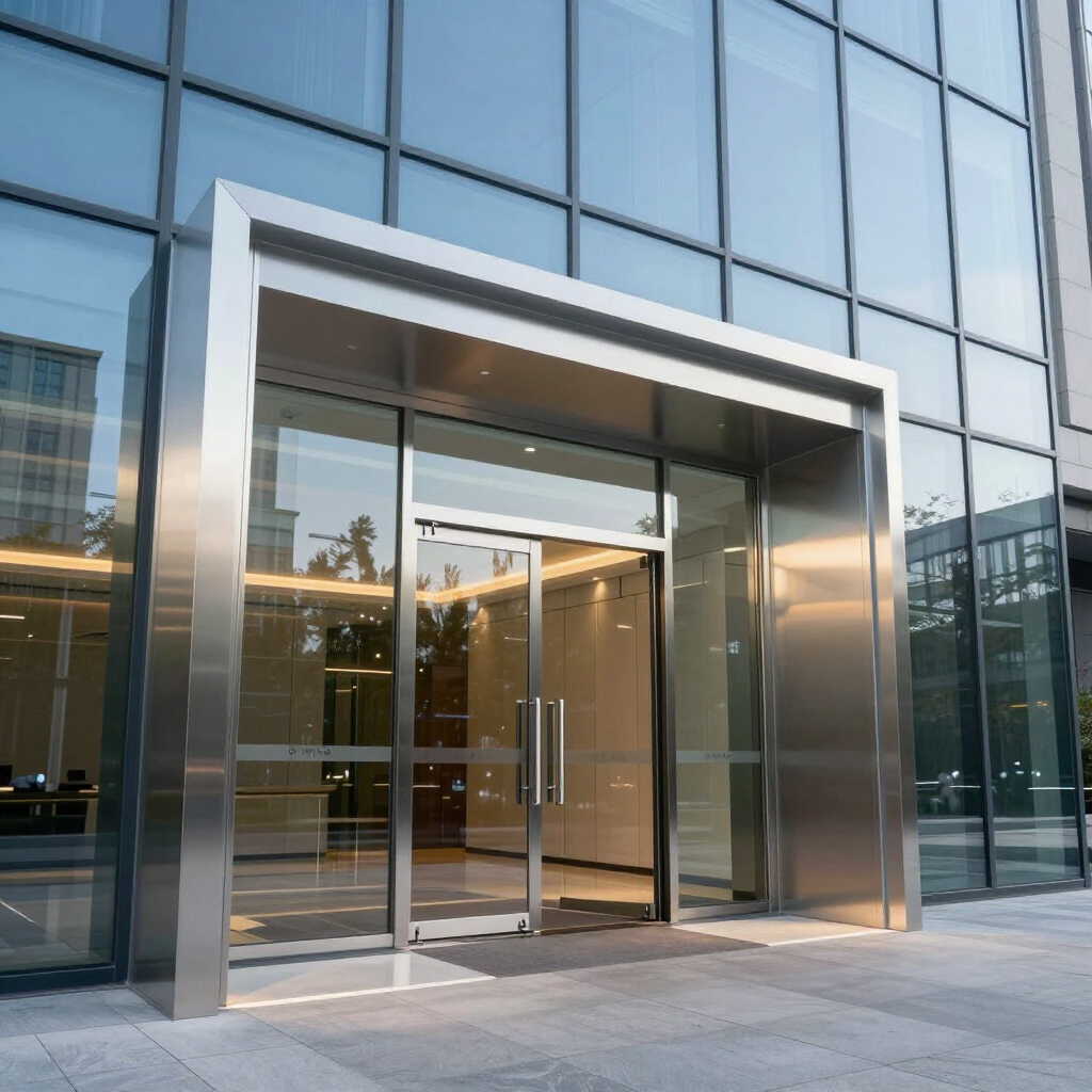 Modern glass office building entrance with stainless steel framing and double doors