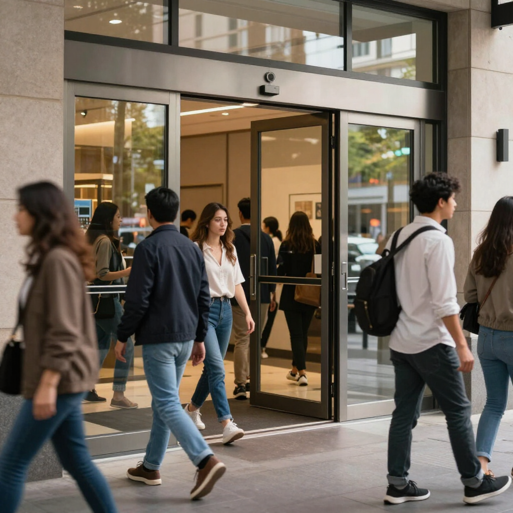 People walking into a modern glass-front office building through open doors.