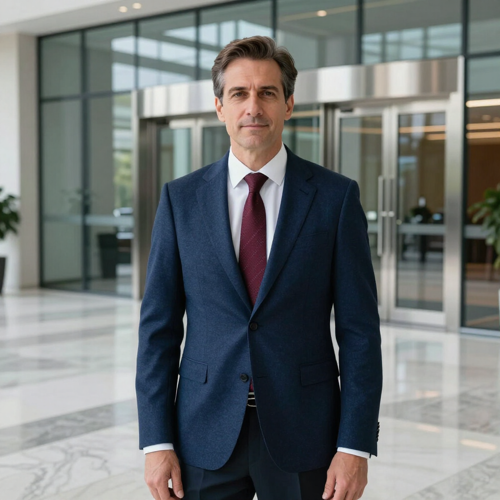 Man in a navy suit standing in a modern glass office lobby