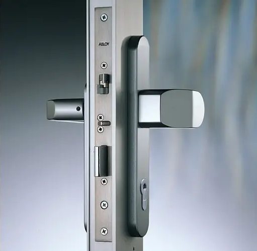 Modern silver door lock and handle on a closed door