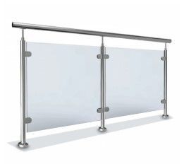 Glass balcony railing with stainless steel posts and top rail