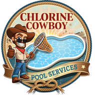 Chlorine Cowboy pool services logo with cowboy mascot, net, blue pool water, and rope frame