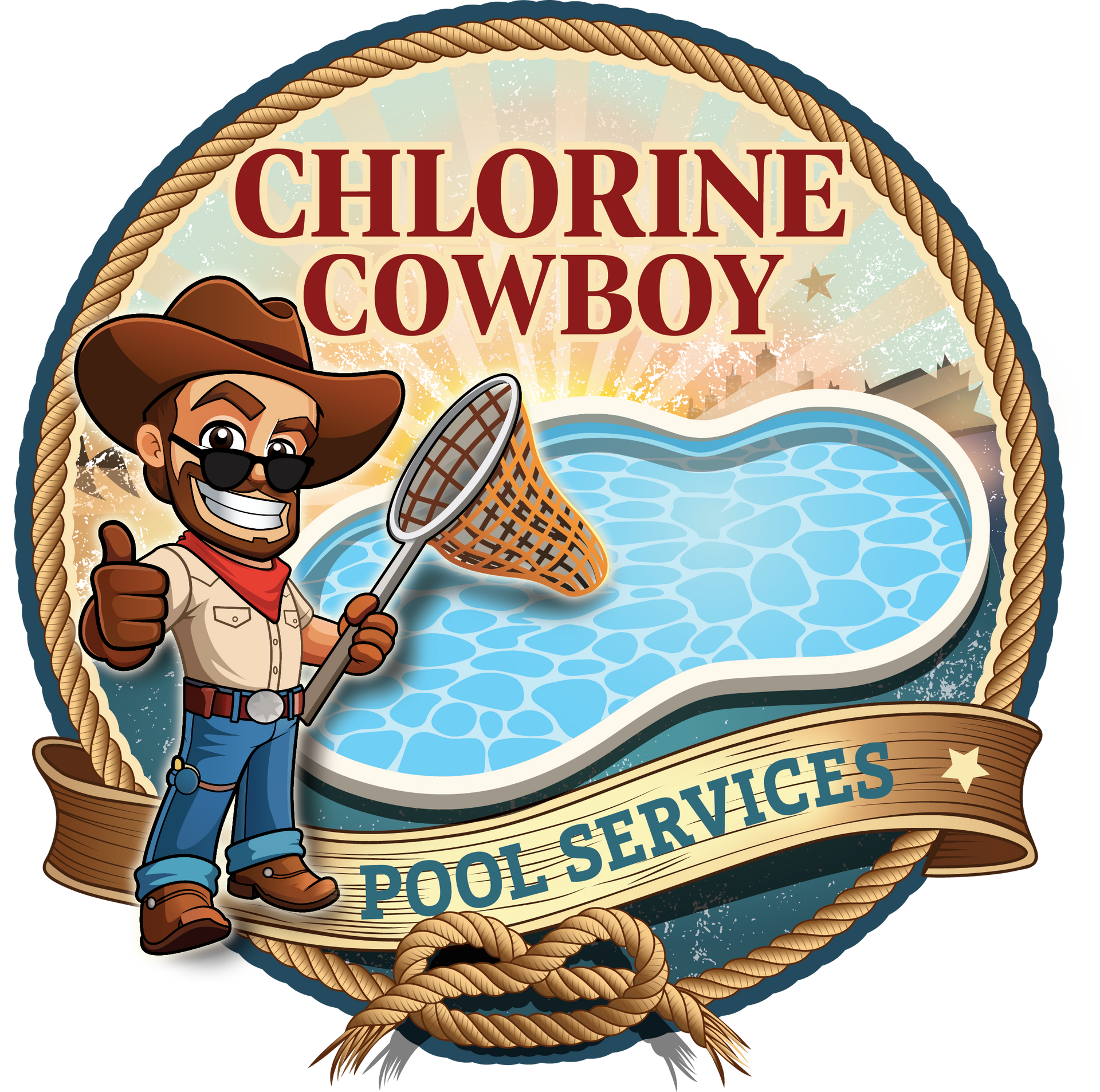 Chlorine Cowboy pool services logo with cowboy mascot, net, blue pool water, and rope frame