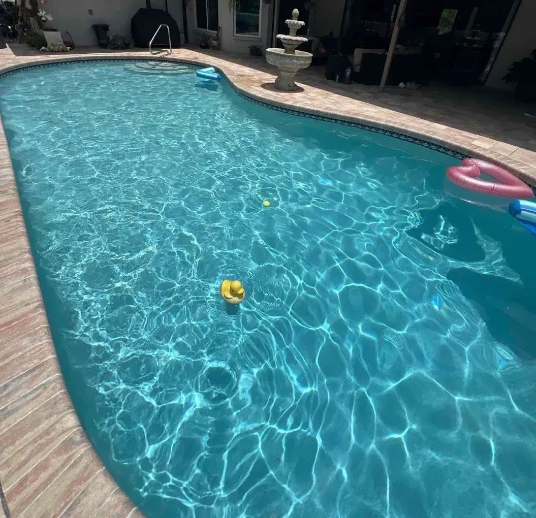 Backyard swimming pool with rippling blue water, a yellow toy, and pool floats at the edge
