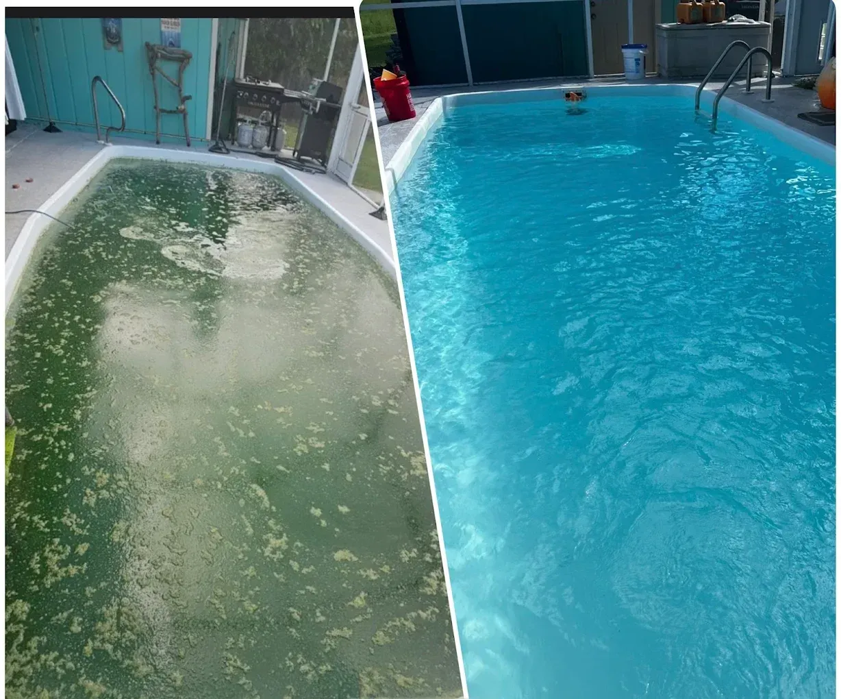 Split view of a green, murky pool beside a clear blue pool, showing before-and-after water treatment.