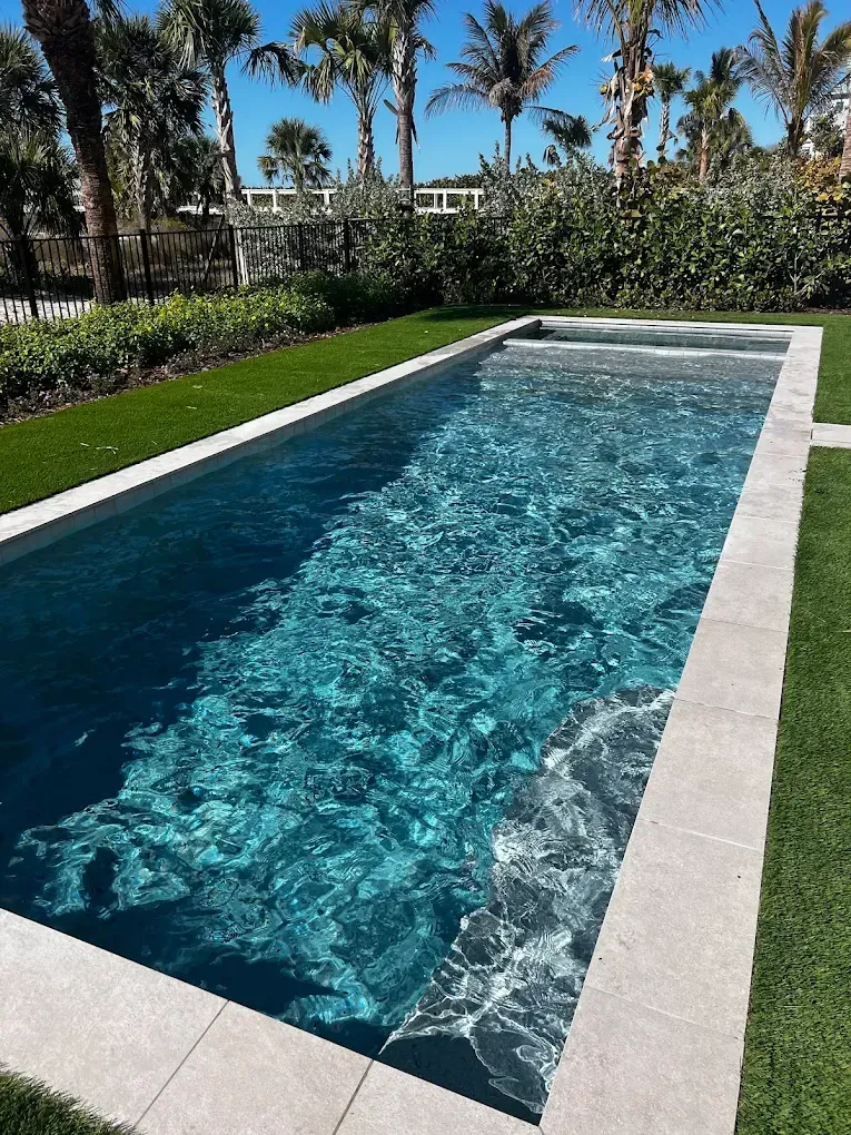 Long rectangular backyard pool with clear blue water, stone coping, and palm trees along a manicured lawn.