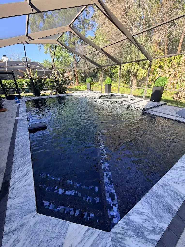 Split view of a green, murky pool beside a clear blue pool, showing before-and-after water treatment.