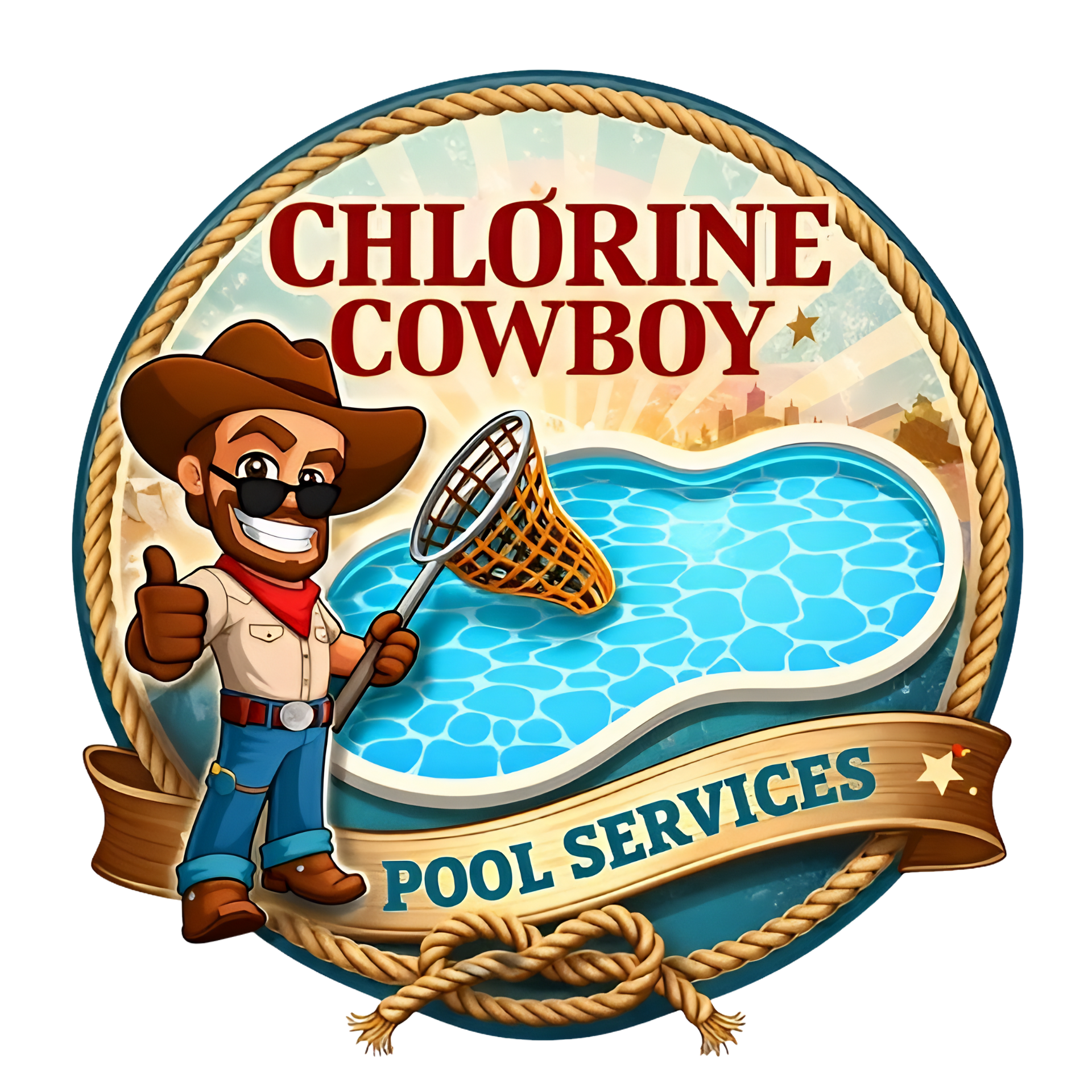 Chlorine Cowboy pool services logo with cowboy mascot, net, blue pool water, and rope frame