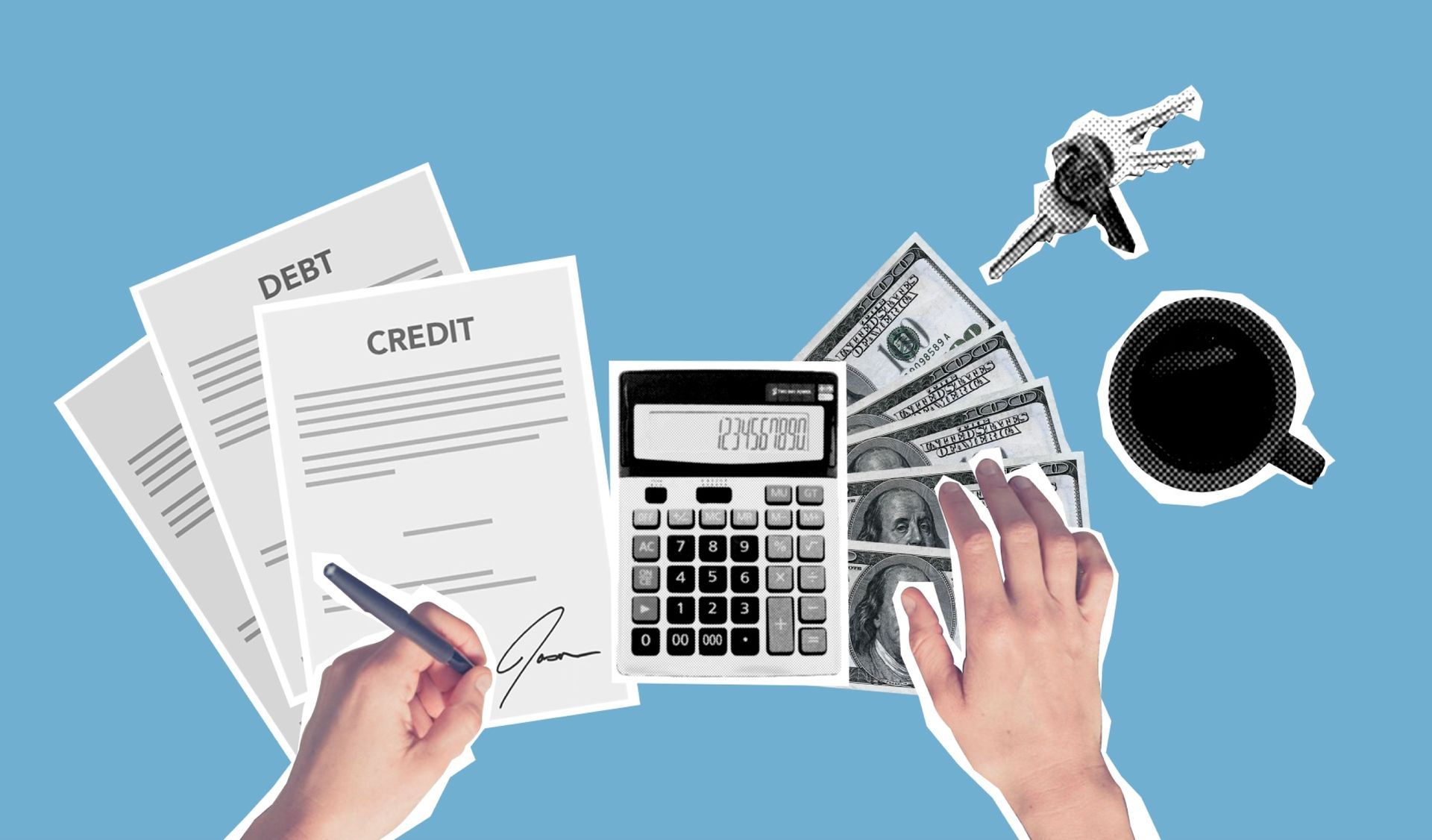 Hands using a calculator with bills, credit cards, keys, and paperwork on a desk