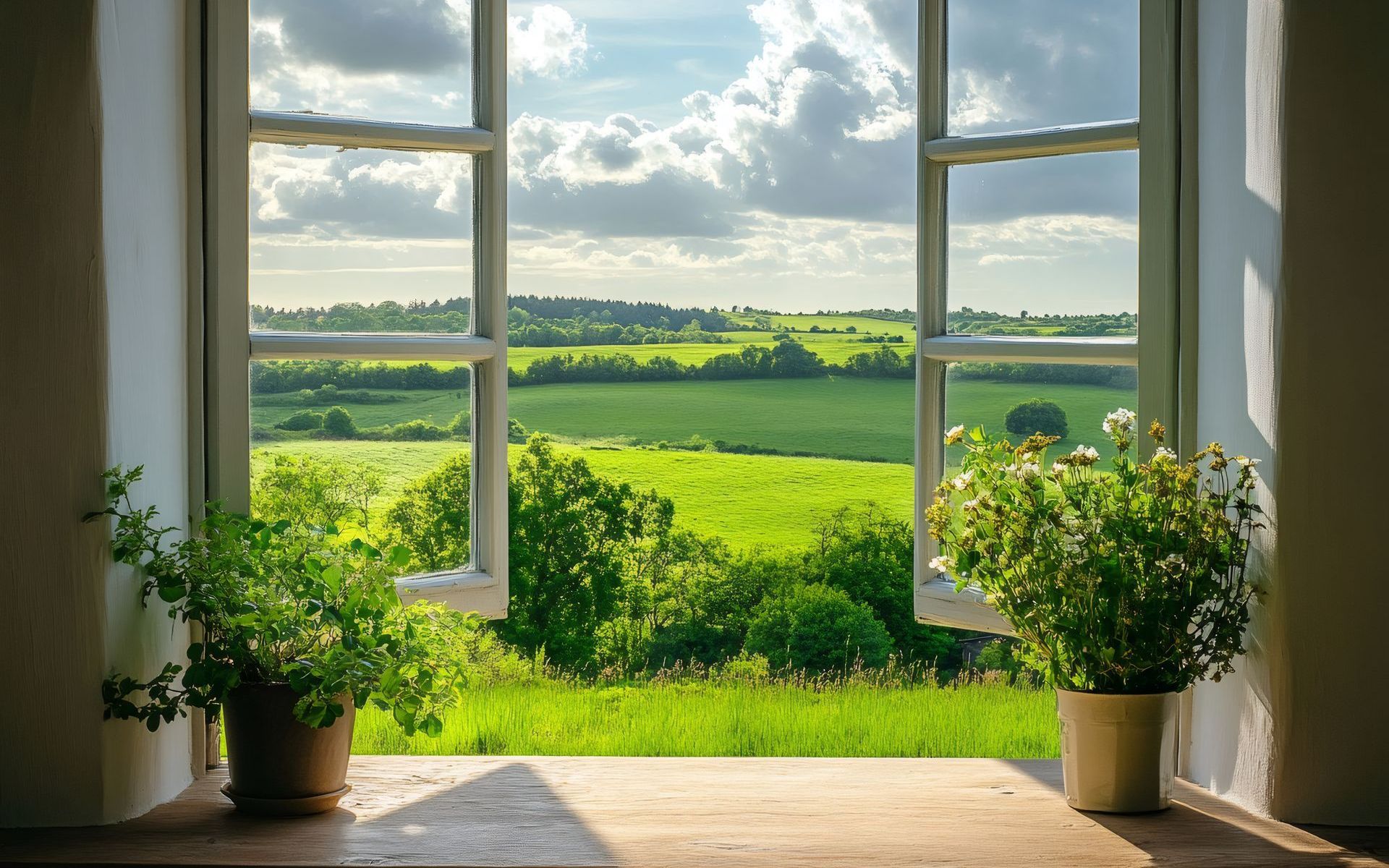 Window looking out to a field during spring