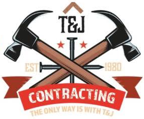 T&J Contracting logo with crossed hammers, black and brown, red banner, EST 1980 and slogan