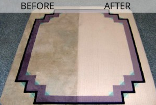 A before and after picture of a rug with a purple border