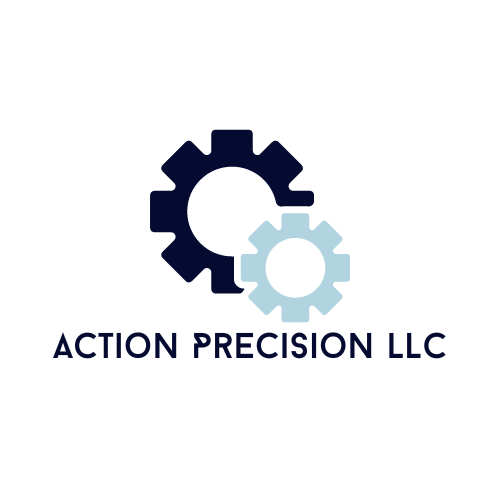 A logo for action precision llc with two gears on a white background.