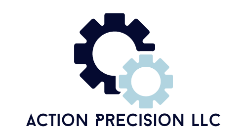 A logo for action precision llc with two gears on a white background.