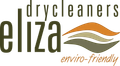 Logo for Eliza drycleaners, featuring the name in green text, a swirl graphic, and