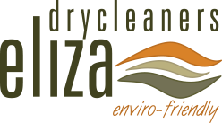Logo for Eliza drycleaners, featuring the name in green text, a swirl graphic, and 