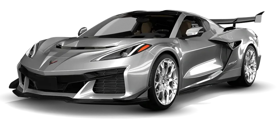 Silver sports car on a white background, angled front view with a rear spoiler
