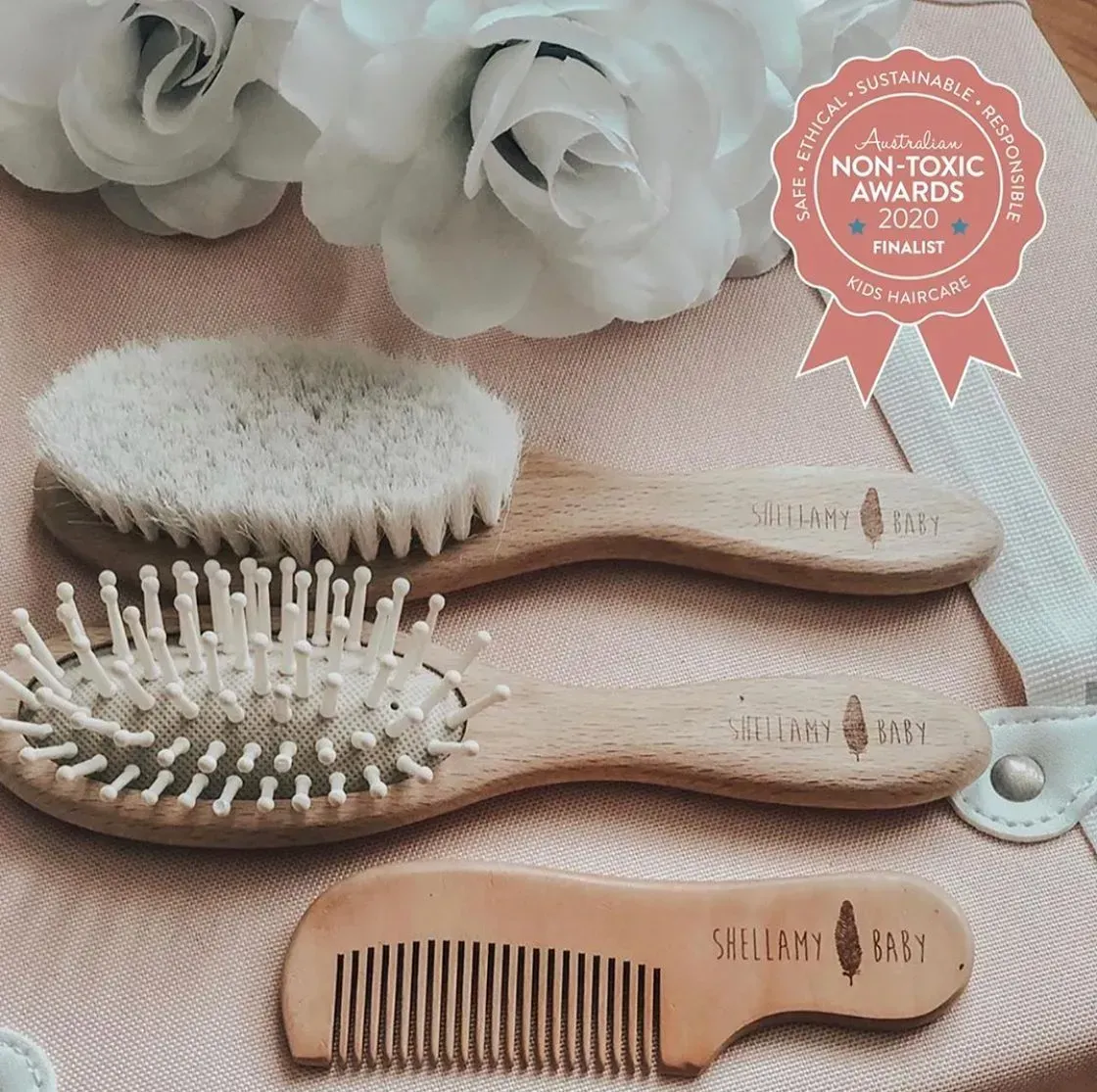 Baby Brush and Comb Set on Pink Cloth With Non-toxic Awards Sea — Decadence Gifts & Homewares in Springsure, QLD