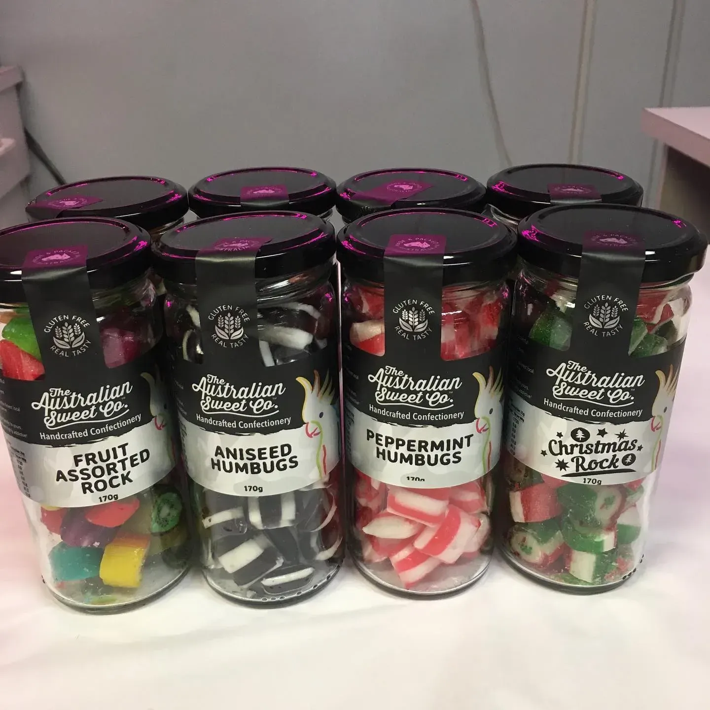 Eight Jars of Australian Sweets Including Rock and Humbugs — Decadence Gifts & Homewares in Springsure, QLD