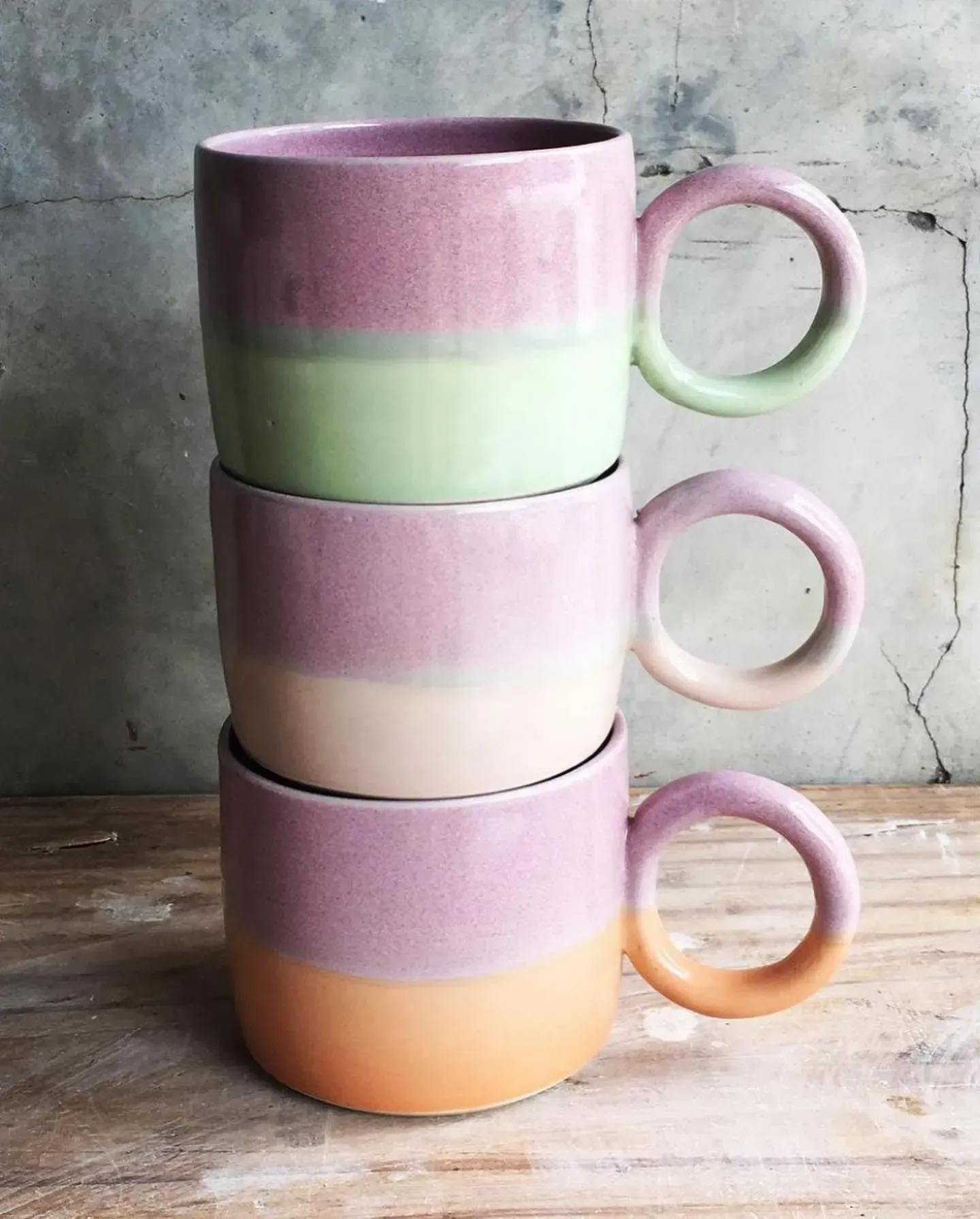Three Stacked Ceramic Mugs: Pink, Green — Decadence Gifts & Homewares in Springsure, QLD