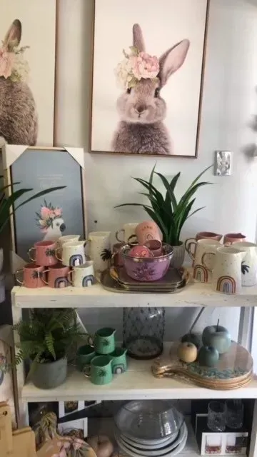Shop Display With Bunny Art, Mugs — Decadence Gifts & Homewares in Springsure, QLD