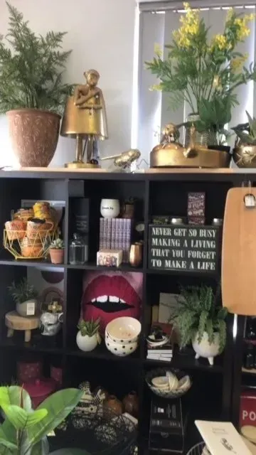 Black Shelf Display With Plants, Decor, and a Golden Bell Statue — Decadence Gifts & Homewares in Springsure, QLD