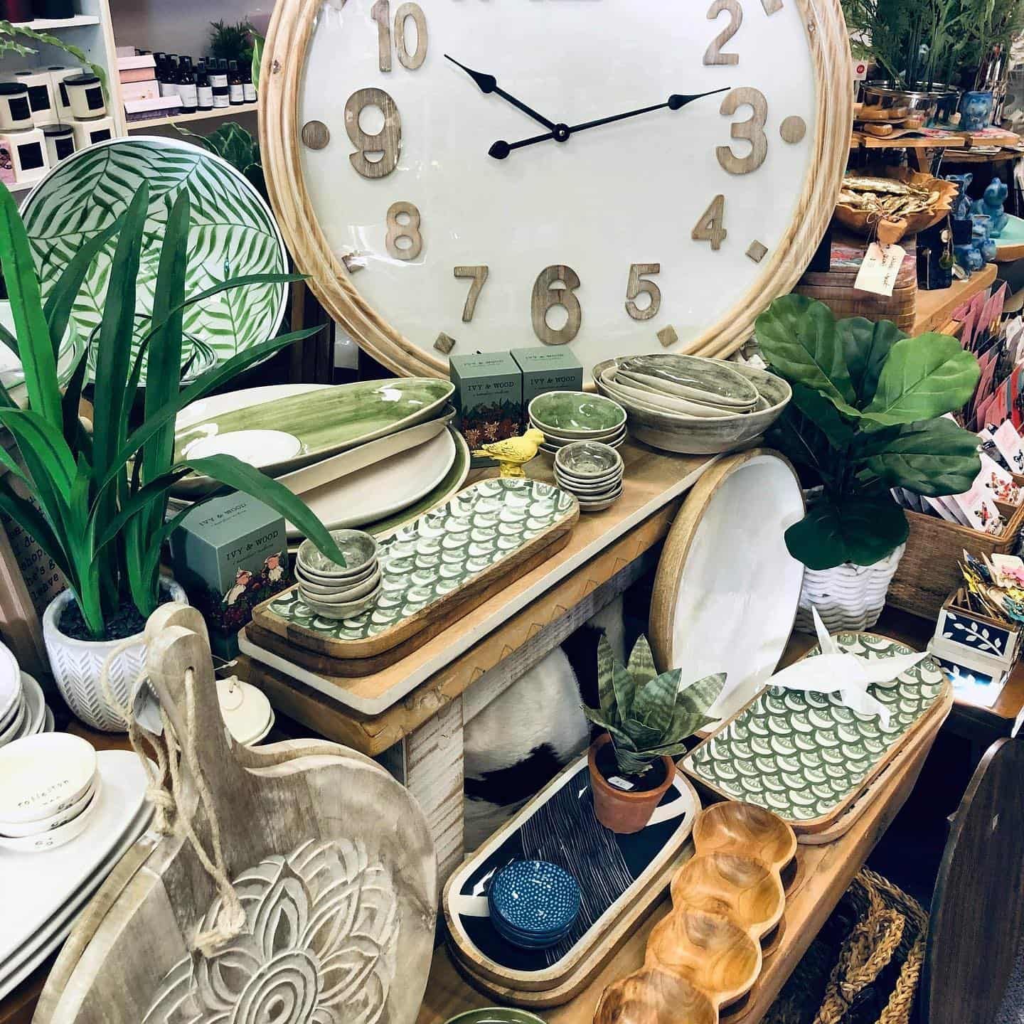 Clock and Dishware Display in a Shop — Decadence Gifts & Homewares in Springsure, QLD